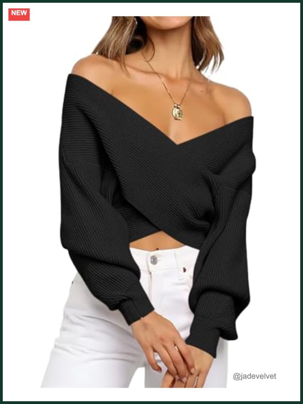 Off Shoulder Sweater Women Criss Cross V-Neck Lantern Sleeve Ribbed Knit